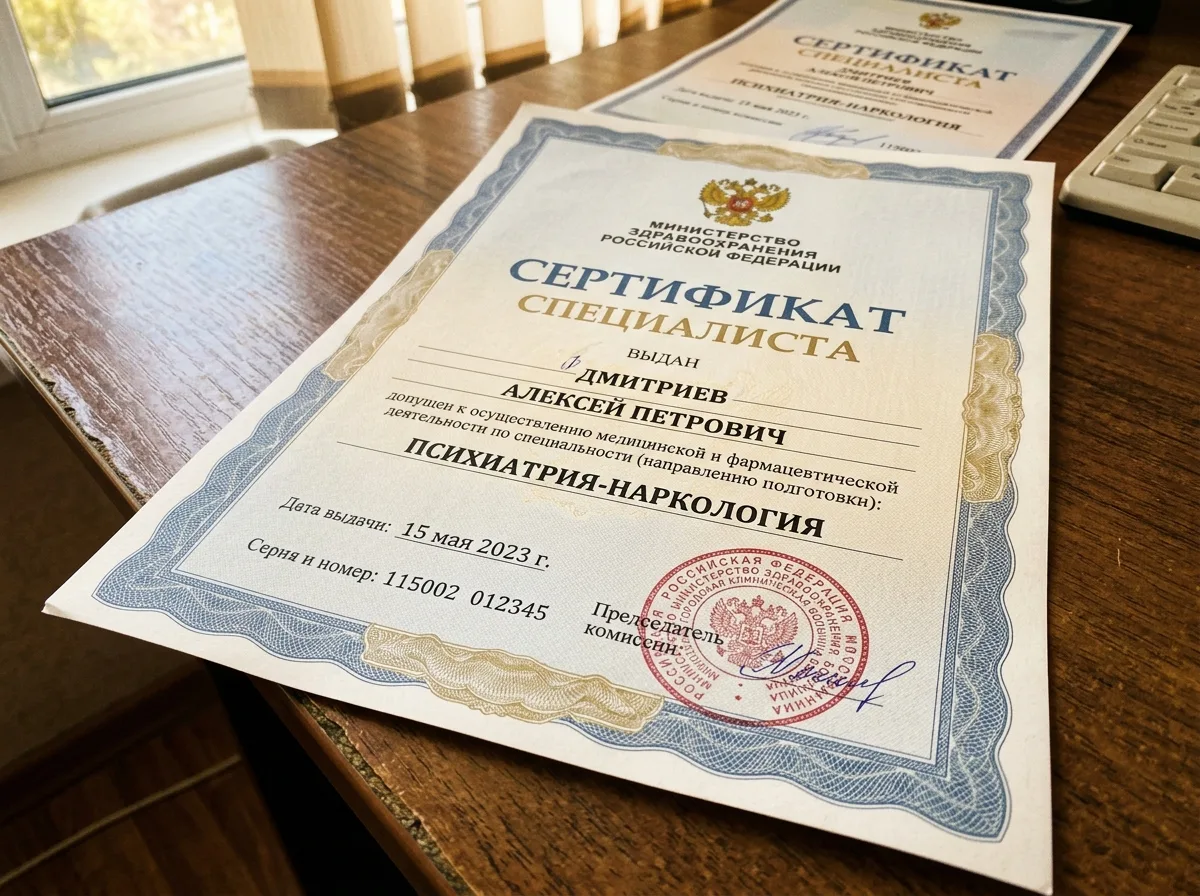 Сертификат специалиста врача-нарколога по специальности психиатрия-наркология — официальный документ Министерства здравоохранения РФ