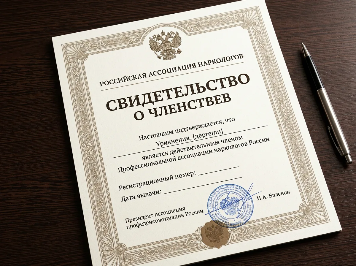 Свидетельство о членстве в профессиональной ассоциации наркологов России — официальный документ